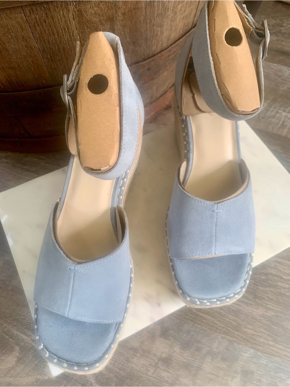 Light Blue Suede Women's Ankle-Strap Wedge Platform Sandals